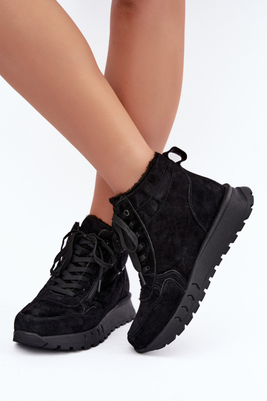 Schwarze gefütterte Ankle Boots aus echtem Veloursleder mit Plateau