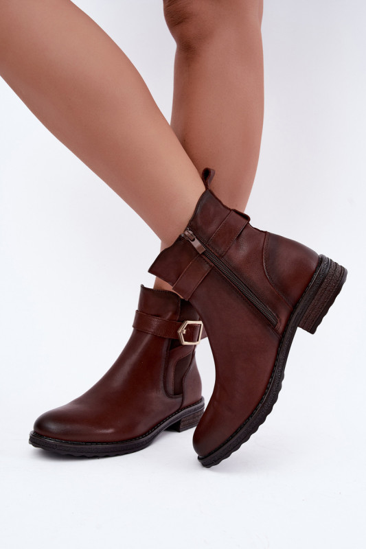 Leder-Stiefelette mit Schnalle, gefüttert, braun