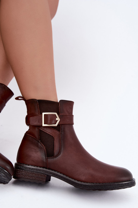 Leder-Stiefelette mit Schnalle, gefüttert, braun