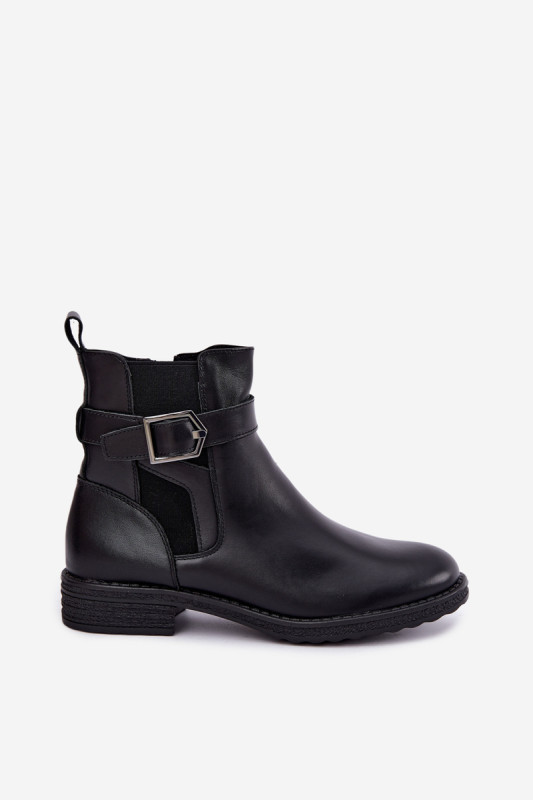 Leder-Stiefelette mit Schnalle und Warmfutter, schwarz