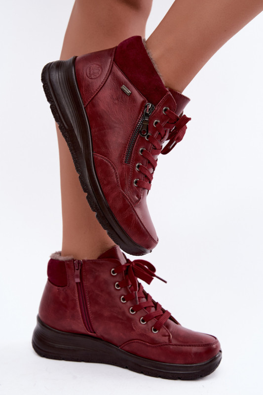 Rote Ankle Boots aus Kunstleder mit Keilabsatz und Fellfutter