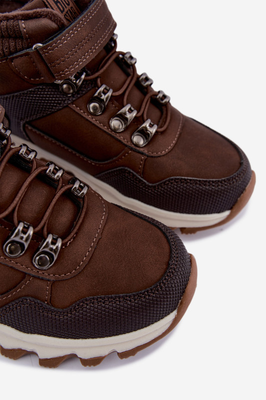 Gefütterte braune Trekkingschuhe mit Klettverschluss aus Kunstleder