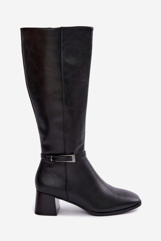 Gefütterte Lederstiefel mit Blockabsatz und Schnalle, schwarz