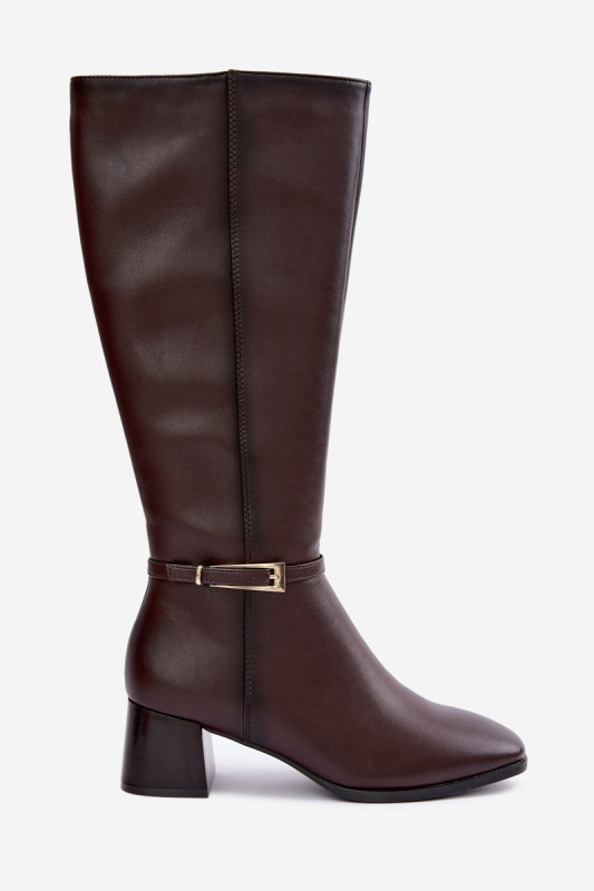 Gefütterte Lederstiefel mit Absatz und Schnalle, braun