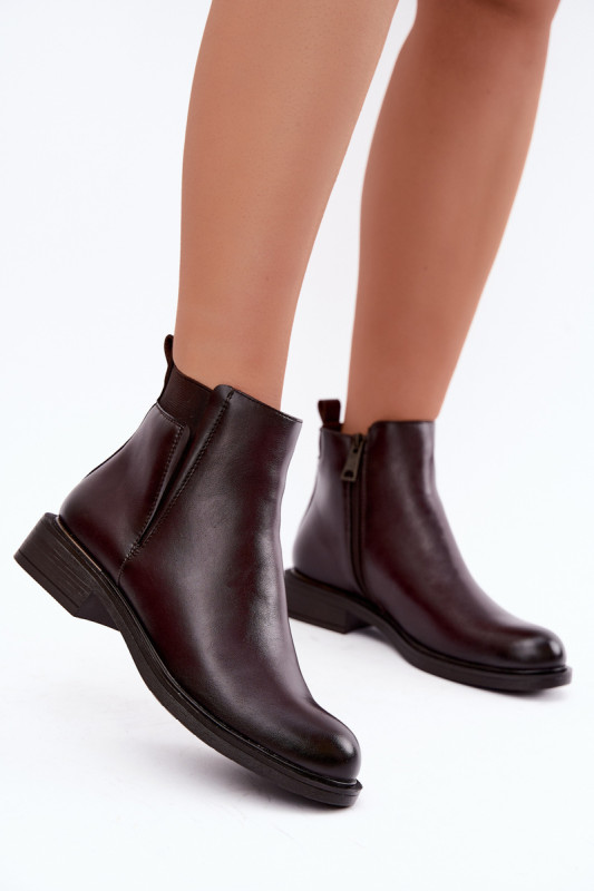 Gefütterte bordeauxrote Stiefelette aus Kunstleder mit flachem Absatz