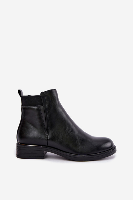 Gefütterte schwarze Stiefelette aus Kunstleder mit flachem Absatz