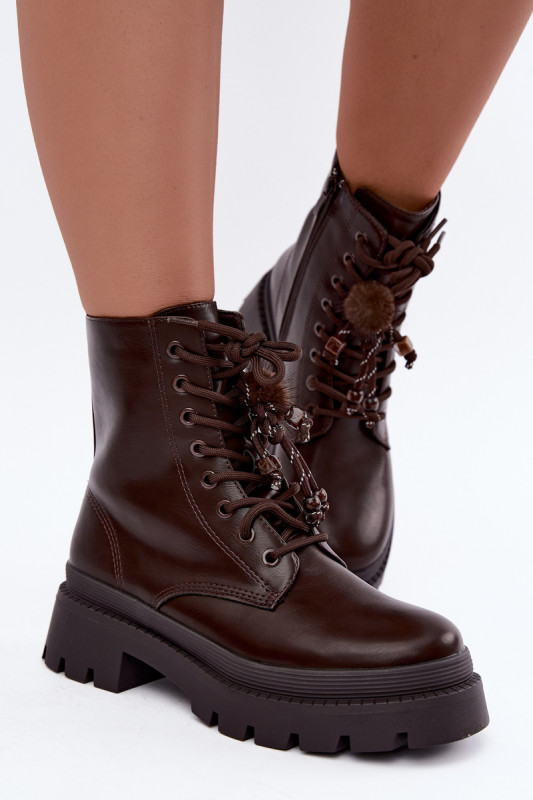 Braune Ankle-Boots im Worker-Stil mit Bommel und Plateausohle