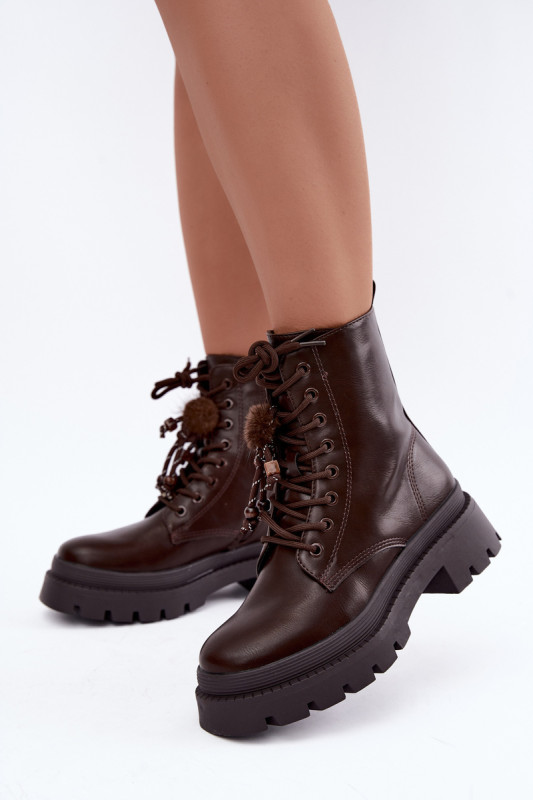 Braune Ankle-Boots im Worker-Stil mit Bommel und Plateausohle