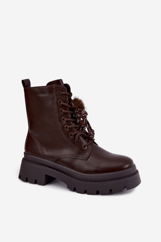 Braune Ankle-Boots im Worker-Stil mit Bommel und Plateausohle