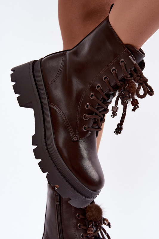 Braune Ankle-Boots im Worker-Stil mit Bommel und Plateausohle
