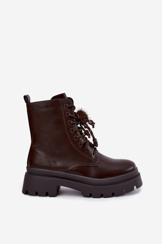 Braune Ankle-Boots im Worker-Stil mit Bommel und Plateausohle