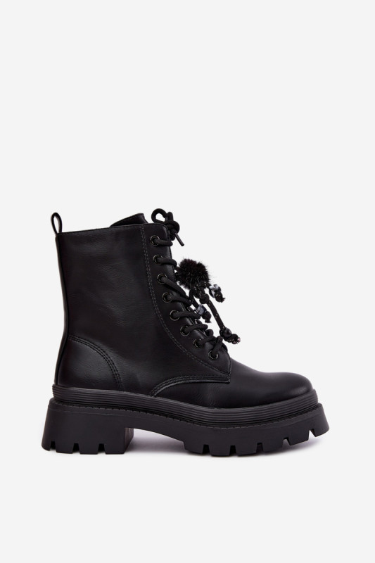 Schwarze Ankle-Workery mit Plateau und dekorativem Bommel