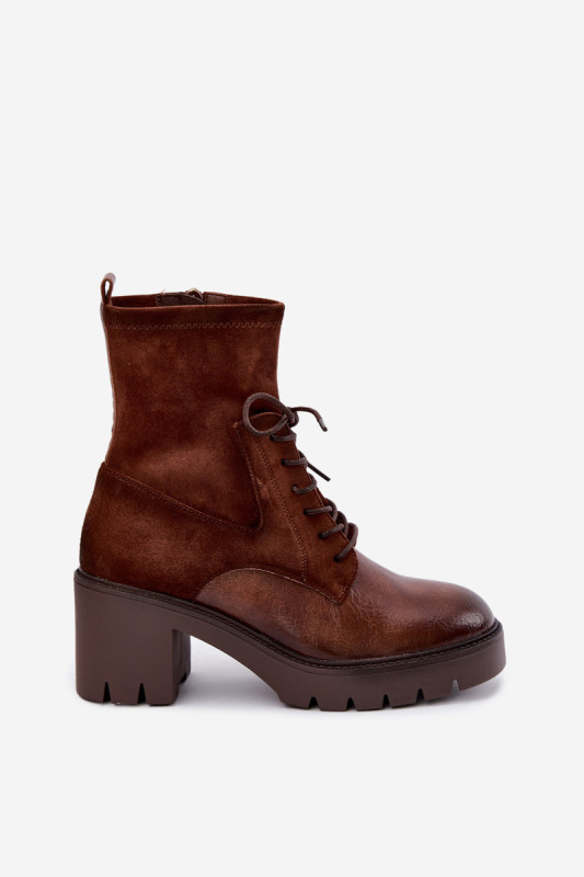Braune Stiefelette mit Blockabsatz aus Kunstleder und Wildleder