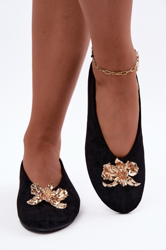 Schwarze Ballerinas mit Schmuckverzierung aus Velourslederimitat