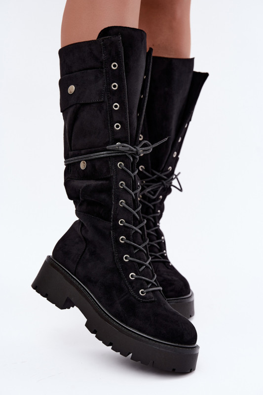 Schnürstiefel mit Plateau, gefüttert, schwarz