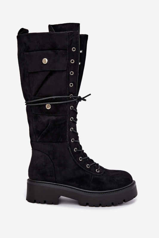 Schnürstiefel mit Plateau, gefüttert, schwarz