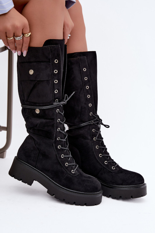 Schnürstiefel mit Plateau, gefüttert, schwarz