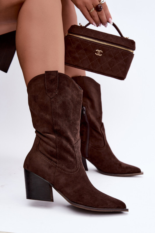 Braune Ankle Boots aus Velourslederimitat mit Blockabsatz