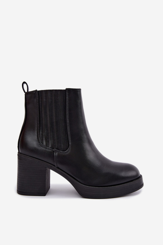 Gefütterte schwarze Stiefelette mit Blockabsatz aus Kunstleder