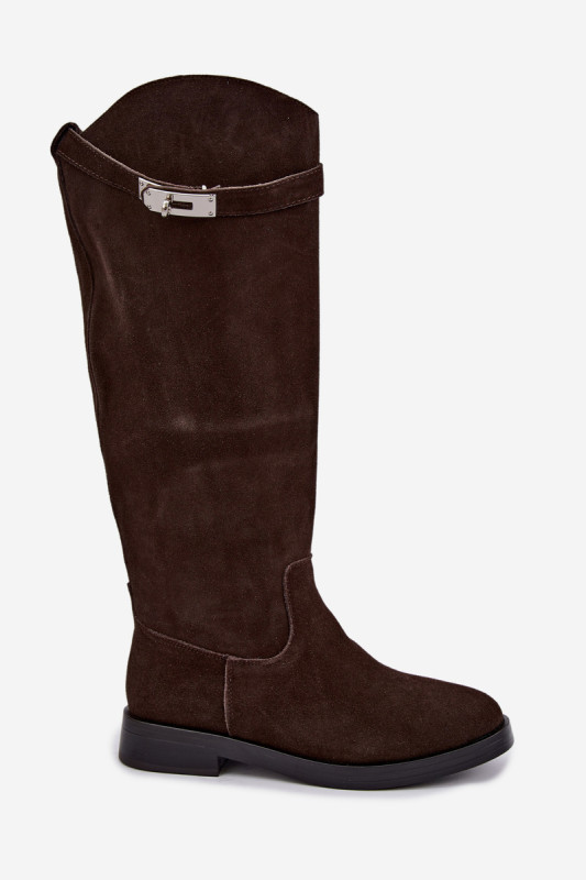 Stiefel aus Veloursleder mit dekorativem Riemen, braun