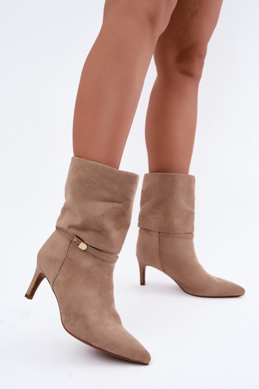 Beige gefütterte Stiefelette mit Stiletto-Absatz und Riemen