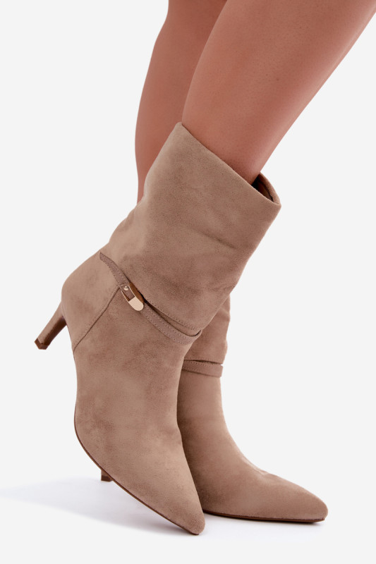 Beige gefütterte Stiefelette mit Stiletto-Absatz und Riemen