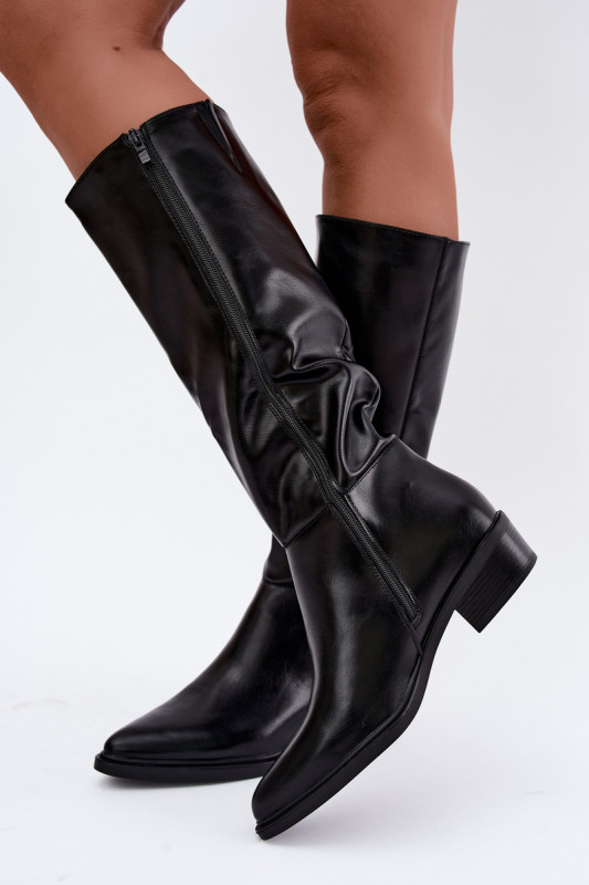Gefütterte Overknee-Stiefel mit niedrigem Absatz schwarz