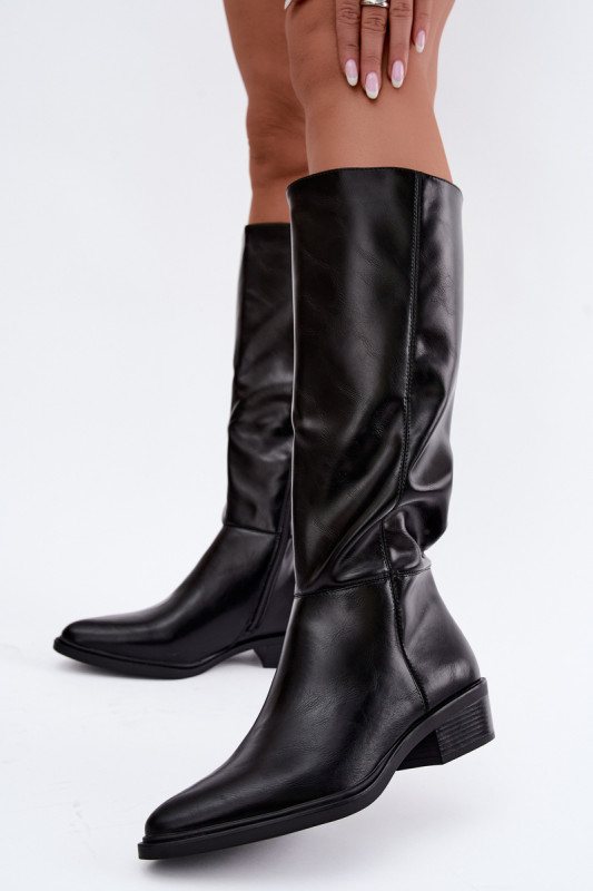 Gefütterte Overknee-Stiefel mit niedrigem Absatz schwarz