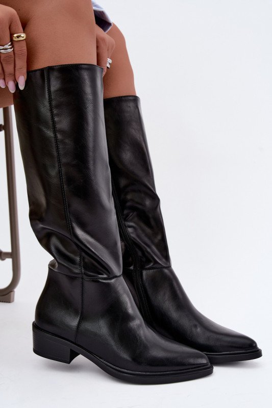 Gefütterte Overknee-Stiefel mit niedrigem Absatz schwarz