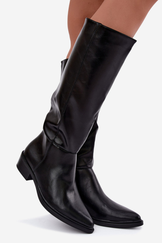 Gefütterte Overknee-Stiefel mit niedrigem Absatz schwarz