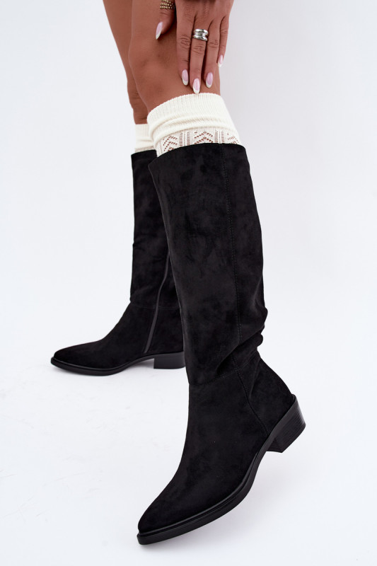 Gefütterte schwarze Overknee-Stiefel aus Veloursleder mit niedrigem Absatz