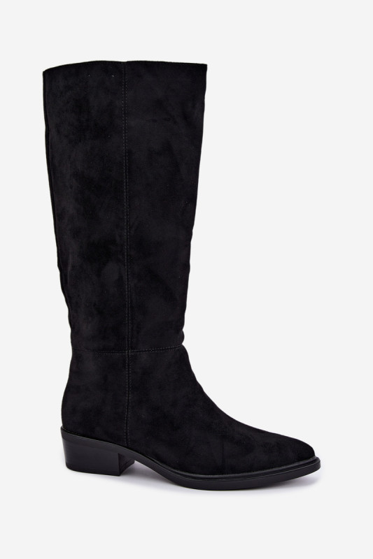 Gefütterte schwarze Overknee-Stiefel aus Veloursleder mit niedrigem Absatz