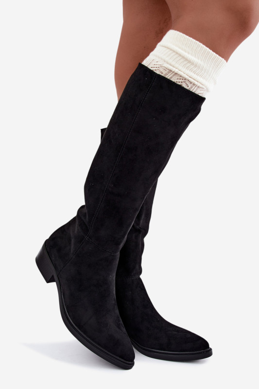 Gefütterte schwarze Overknee-Stiefel aus Veloursleder mit niedrigem Absatz