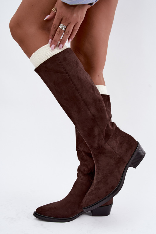 Gefütterte braune Overknee-Stiefel aus Veloursleder mit niedrigem Blockabsatz
