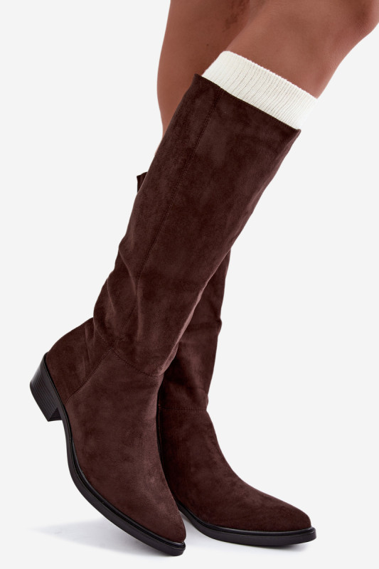 Gefütterte braune Overknee-Stiefel aus Veloursleder mit niedrigem Blockabsatz