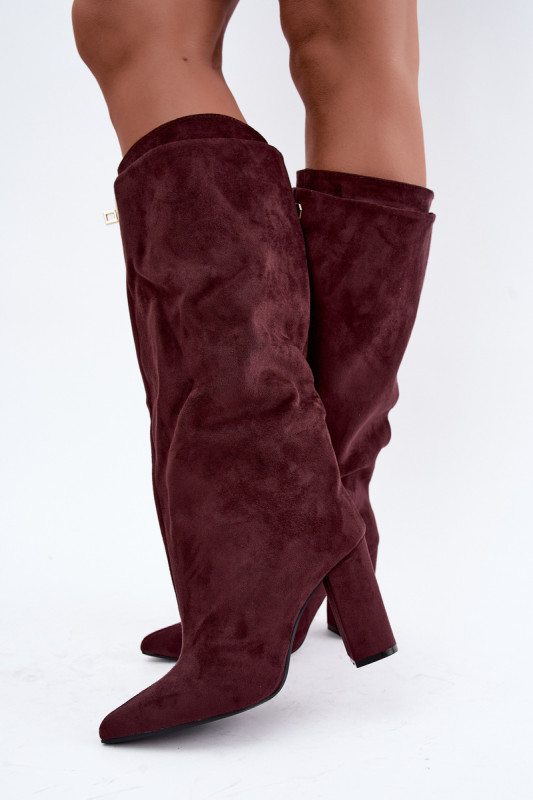 Gefütterte Overknee-Stiefel aus rotem Veloursleder mit Blockabsatz
