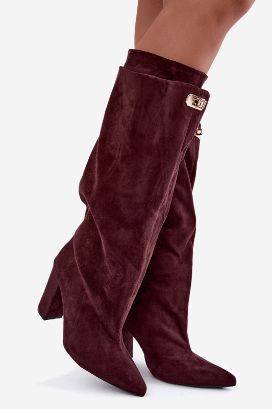 Gefütterte Overknee-Stiefel aus rotem Veloursleder mit Blockabsatz