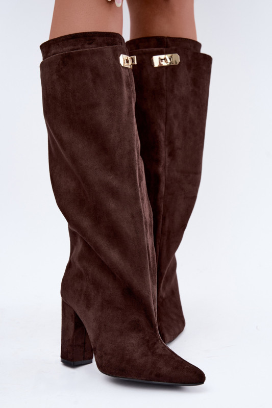 Gefütterte Overknee-Stiefel aus Veloursleder mit Blockabsatz, braun
