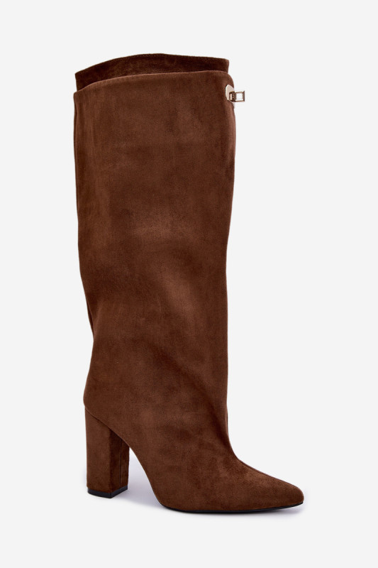 Gefütterte Overknee-Stiefel aus Velourslederimitat mit Blockabsatz, braun
