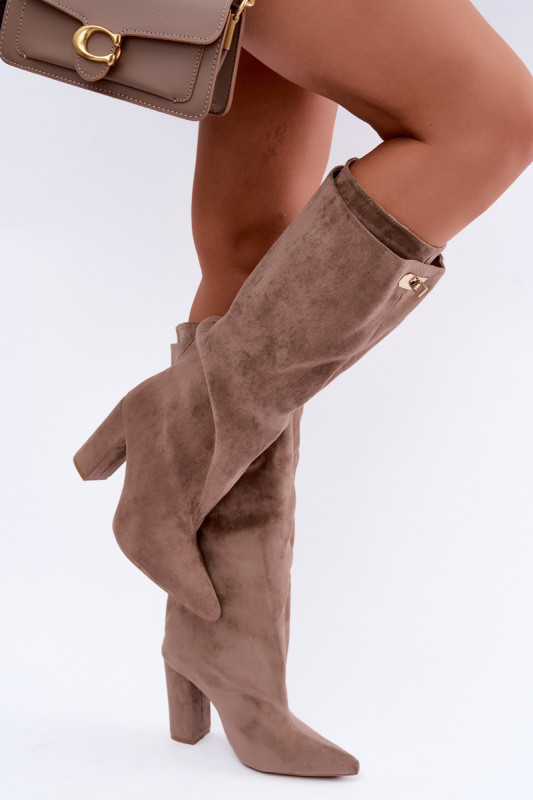 Gefütterte Overknee-Stiefel aus Velourslederimitat mit doppeltem Schaft und Blockabsatz in Beige