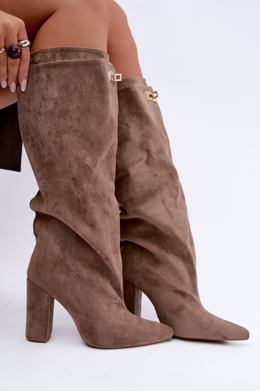 Gefütterte Overknee-Stiefel aus Velourslederimitat mit doppeltem Schaft und Blockabsatz in Beige