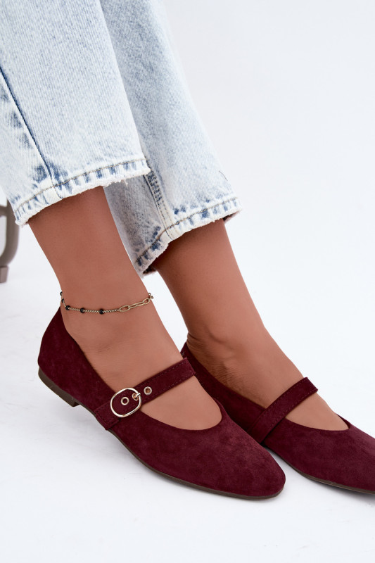 Bordeauxrote Mary Jane Ballerina aus Velourslederimitat