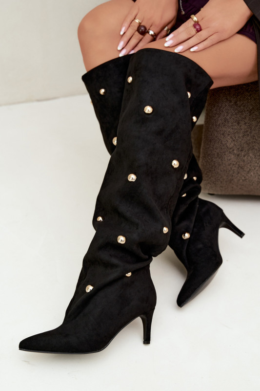 Schwarze Overknee-Stiefel mit Stiletto-Absatz und goldenen Details