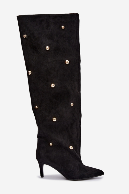 Schwarze Overknee-Stiefel mit Stiletto-Absatz und goldenen Details