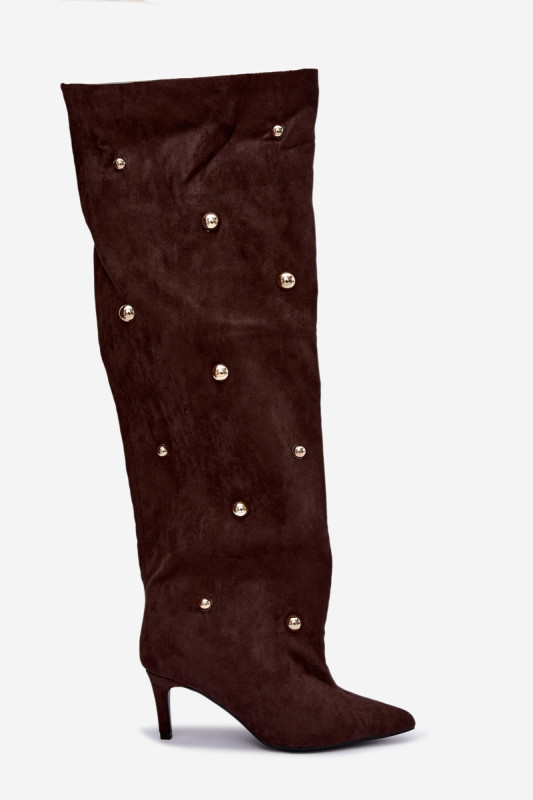 Overknee-Stiefel mit Stiletto-Absatz und dekorativen Details, braun
