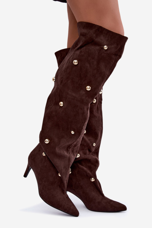 Overknee-Stiefel mit Stiletto-Absatz und dekorativen Details, braun