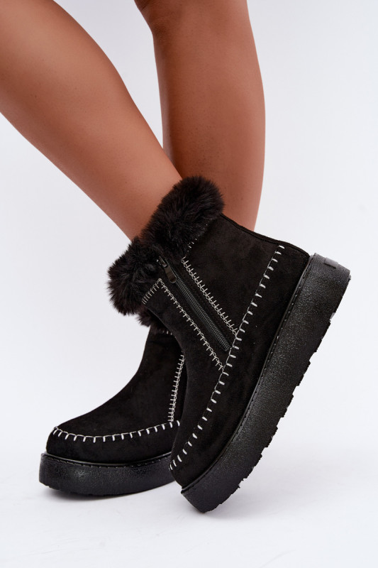 Schwarzer Schneestiefel mit Reißverschluss und Fellbesatz
