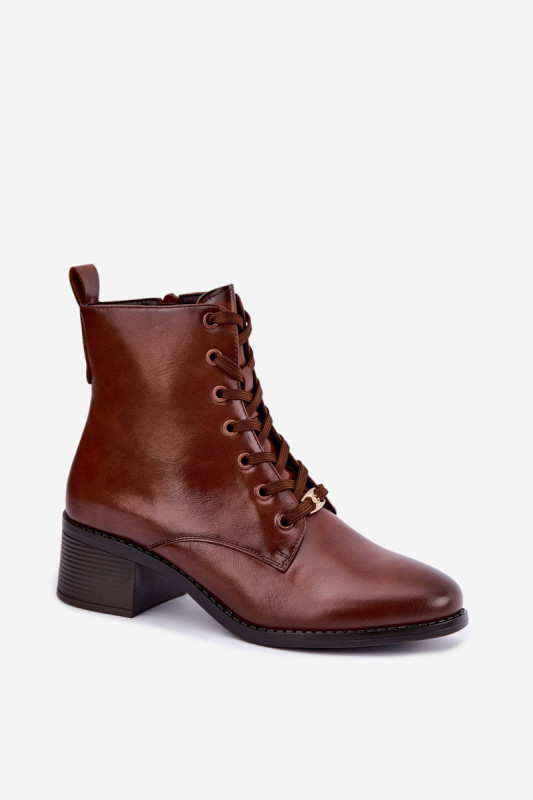 Gefütterte braune Schnür-Stiefelette mit Blockabsatz