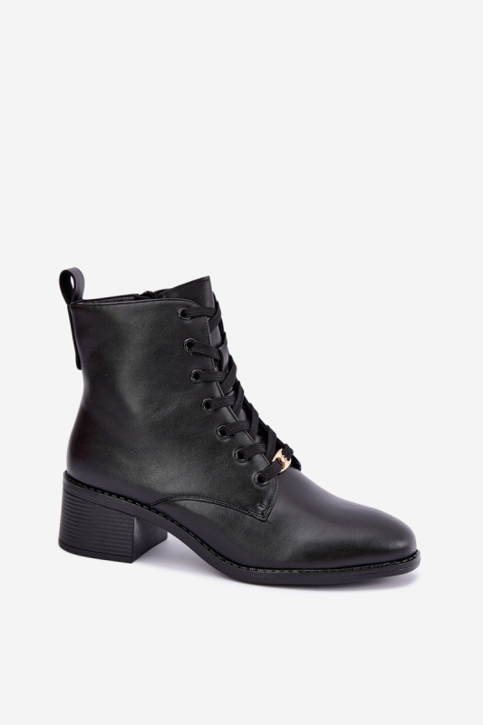 Gefütterte schwarze Schnür-Stiefelette mit Blockabsatz