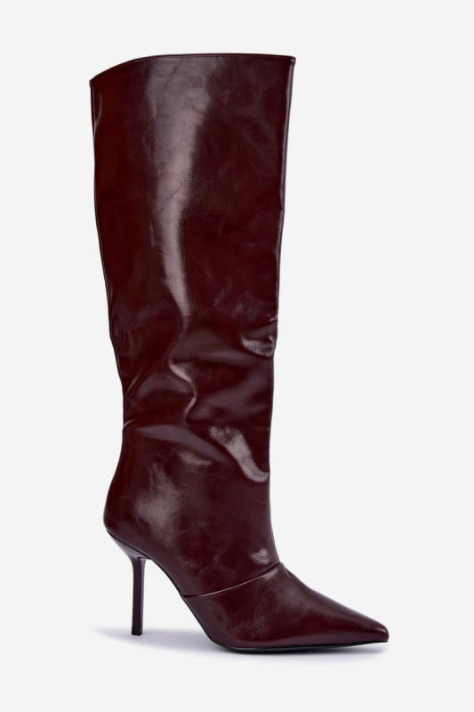 Gefütterte bordeauxrote Overknee-Stiefel mit Stilettoabsatz
